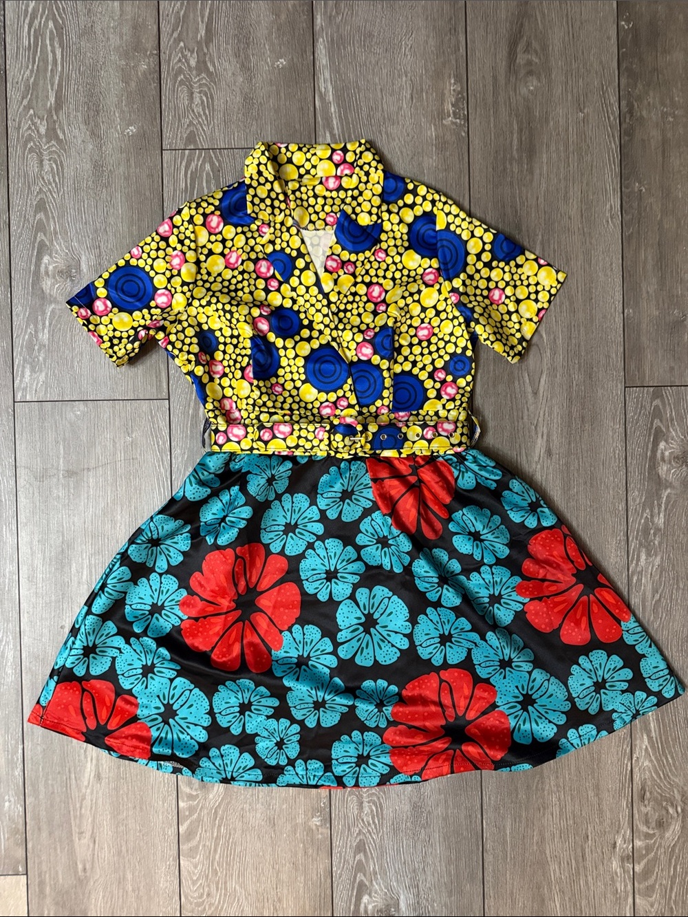 Vibrant Mixed-Print Two-Piece Set in Yellow, Blue, Red, Black